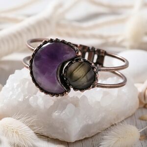 Amethyst Labradorite Moon Cuff Bracelet Copper Celestial Boho Artisan Statement